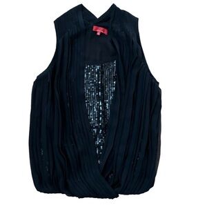 Saks Fifth Avenue Black pleated georgette over sequin sleeveless top size Small